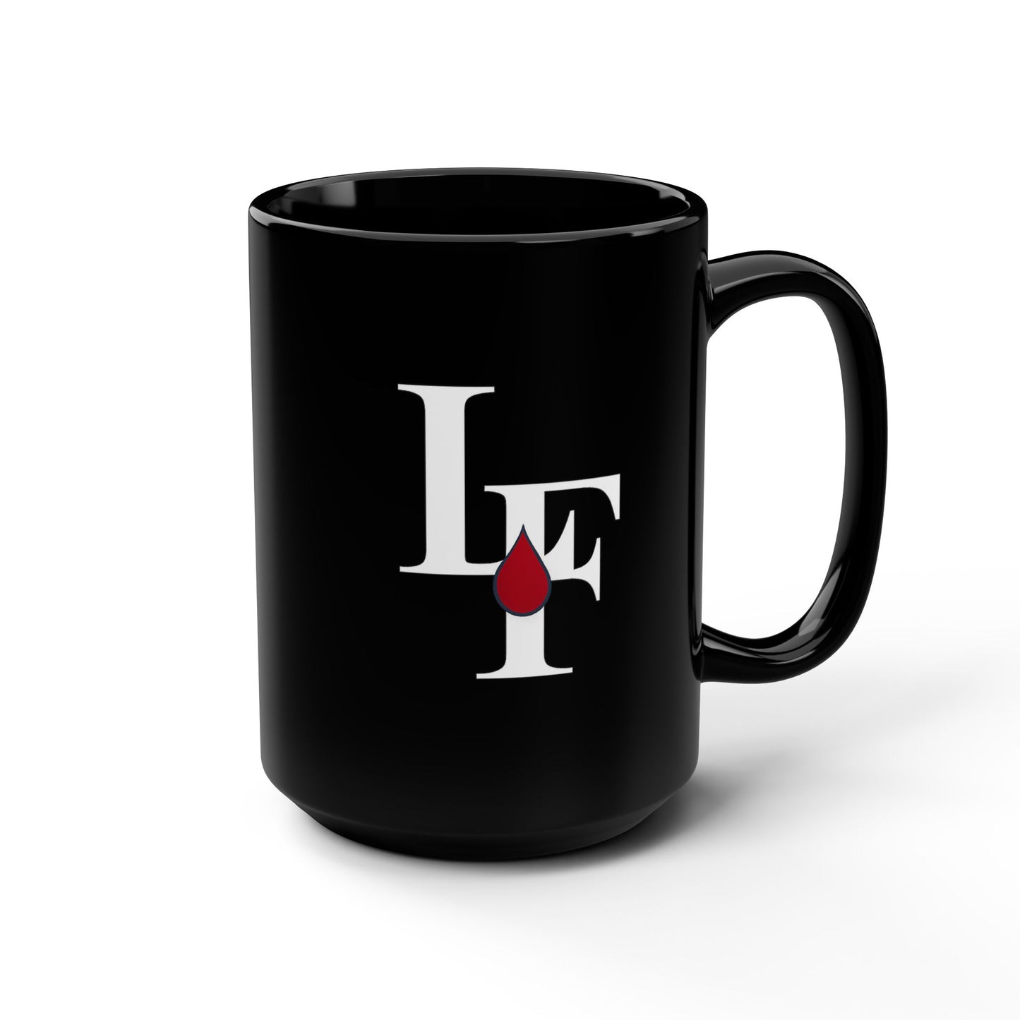 Black 15oz Mug — LF Logo with Red Blood Drop | Gothic Coffee Cup, Dark Aesthetic Gift