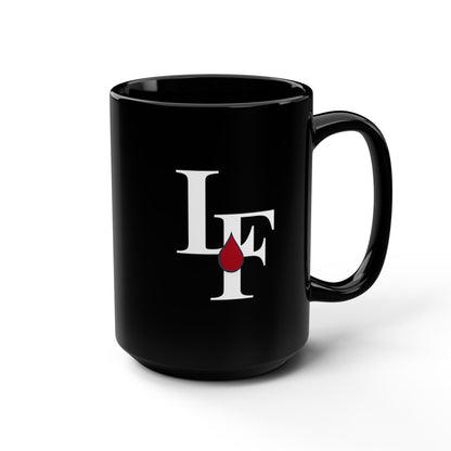 Black 15oz Mug — LF Logo with Red Blood Drop | Gothic Coffee Cup, Dark Aesthetic Gift