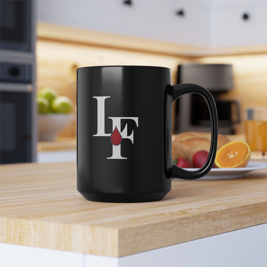 Black 15oz Mug — LF Logo with Red Blood Drop | Gothic Coffee Cup, Dark Aesthetic Gift