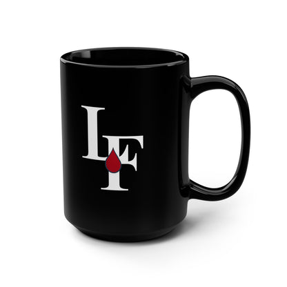 Black 15oz Mug — LF Logo with Red Blood Drop | Gothic Coffee Cup, Dark Aesthetic Gift